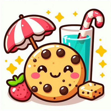 Illustration of a Chocolate Chip Cookie and a Glass of Fresh Juiceのイラスト素材