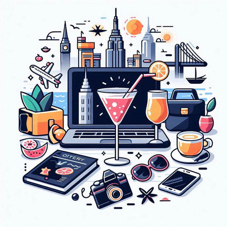 Vector illustration of travel and vacation. Laptop, smartphone, cup of coffee, camera, food, sunglasses, cocktail on city background.のイラスト素材