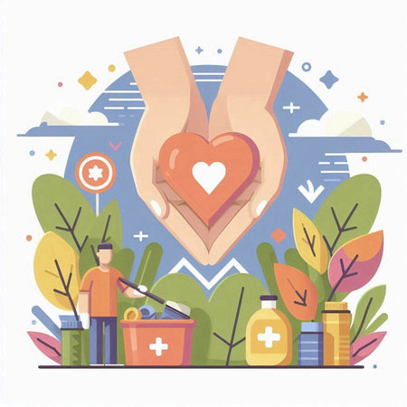 Volunteer giving heart to poor people. Charity concept. Vector illustrationのイラスト素材