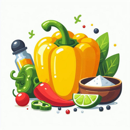Pepper, salt, pepper, lime, pepper, tomato, pepper. Vector illustration.のイラスト素材