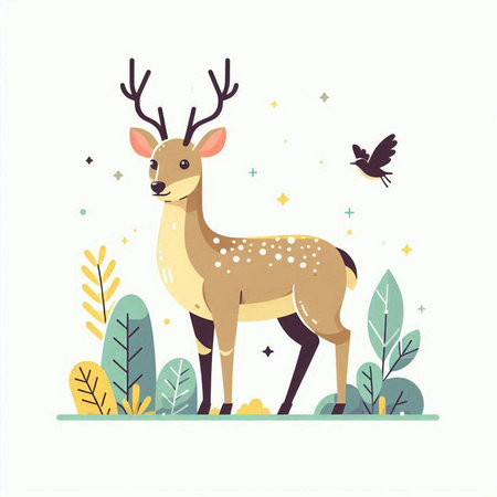 Cute deer in the forest. Vector illustration in flat style.のイラスト素材