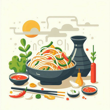 Illustration of Chinese noodles with vegetables and sauce in a bowl.のイラスト素材