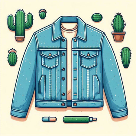 Denim jacket with cactus. Vector illustration in cartoon style.のイラスト素材