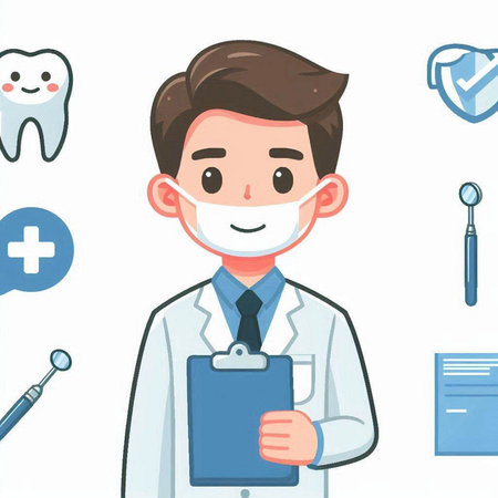 Male dentist with stomatology tools on white background. Vector illustration.のイラスト素材