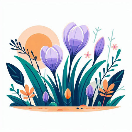 Crocuses in the meadow. Hand drawn vector illustration.のイラスト素材
