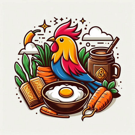 Vector illustration of a rooster with eggs and carrot in a bowl.のイラスト素材
