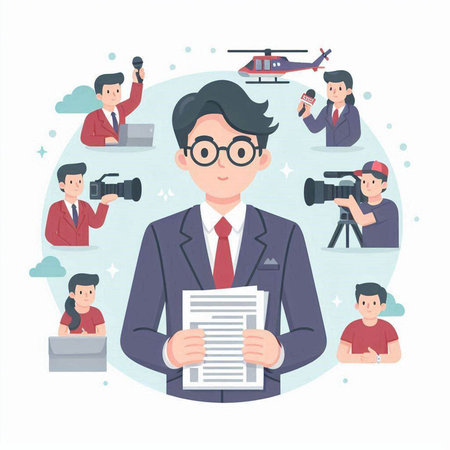 Journalist with camera and documents. Vector illustration in flat style.のイラスト素材