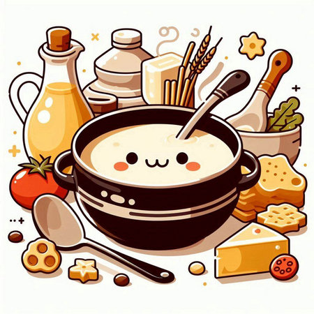 Vector illustration of a soup in a pot with ingredients on a white backgroundのイラスト素材