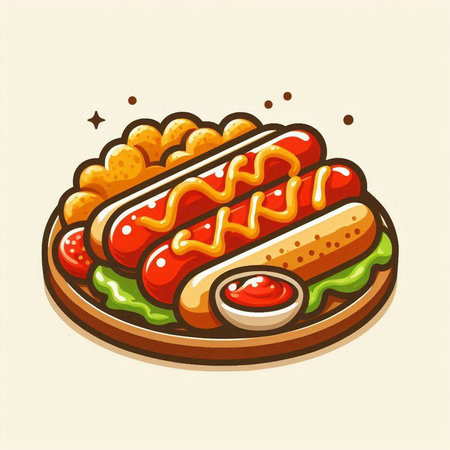 Vector illustration of hot dog with mustard, ketchup and mayonnaiseのイラスト素材