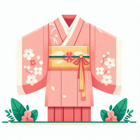 Japanese kimono with flowers and gift box. Vector illustration.のイラスト素材
