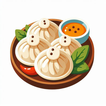 Steamed dumplings on plate with sauce. Vector illustration.のイラスト素材