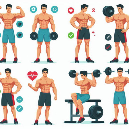 Fitness and bodybuilding icons set with muscular man and dumbbells vector illustrationのイラスト素材
