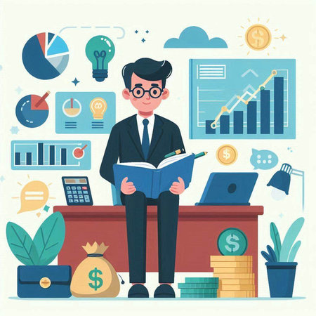 Businessman sitting at office desk and reading book. Flat style vector illustration.のイラスト素材