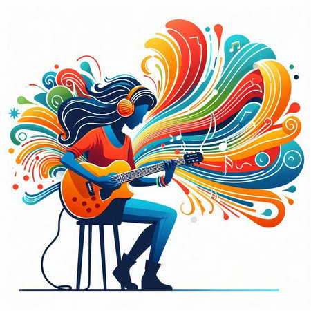 Vector illustration of a girl playing the guitar on colorful abstract background.のイラスト素材