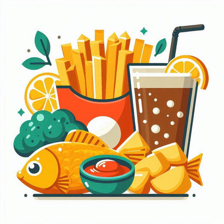 Vector illustration of a set of fast food products. Fish, chips, lemonade, beer, chips.のイラスト素材