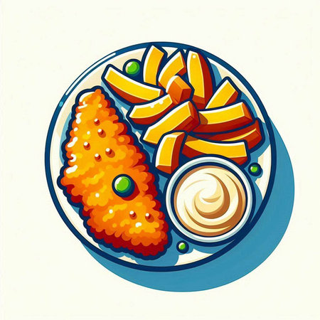 Illustration of fried fish and chips with mayonnaise and mustardのイラスト素材