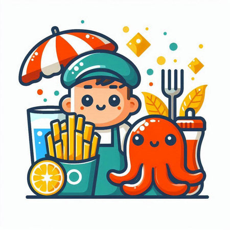Cute boy with octopus and french fries. Vector illustration.のイラスト素材