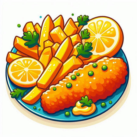 Fried fish fillet with french fries and lemon. Vector illustration.のイラスト素材