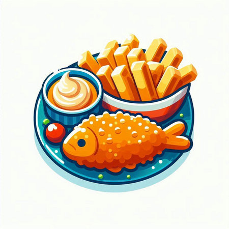Fish and chips on a plate. Vector illustration of fried fish.のイラスト素材