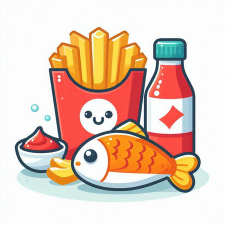 Funny kawaii fish, chips and ketchup. Vector illustrationのイラスト素材