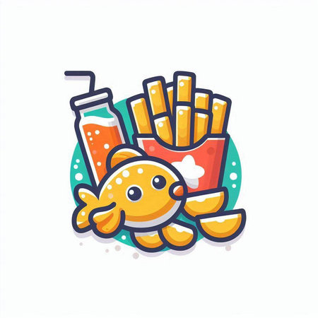 Fried fish, french fries and soda. Food icon. Vector illustrationのイラスト素材