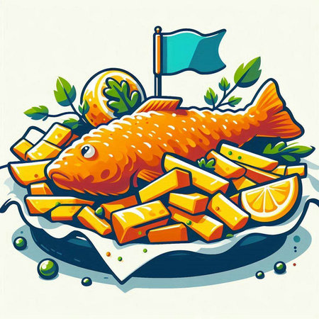 Fried fish with lemon and cheese on a plate. Vector illustrationのイラスト素材