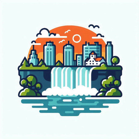 Waterfall flat icon. Vector illustration. City landscape in flat style.のイラスト素材