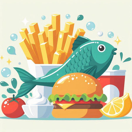 Fast food vector illustration. Fish, hamburger, french fries, sodaのイラスト素材