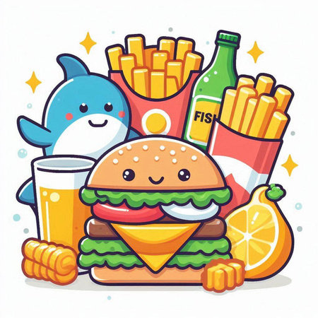 Vector illustration of cute cartoon character hamburger, french fries and soda drinkのイラスト素材