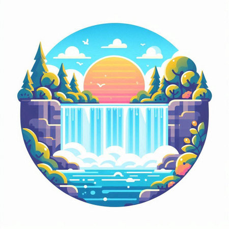 Landscape with waterfall. Vector illustration in flat style on white background.のイラスト素材