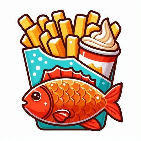 Fried fish with french fries and cola. Vector cartoon illustration.のイラスト素材