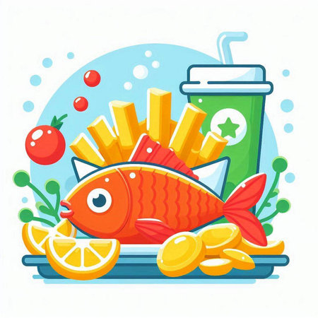 Illustration of fresh fish with potato chips and soda drink on white backgroundのイラスト素材
