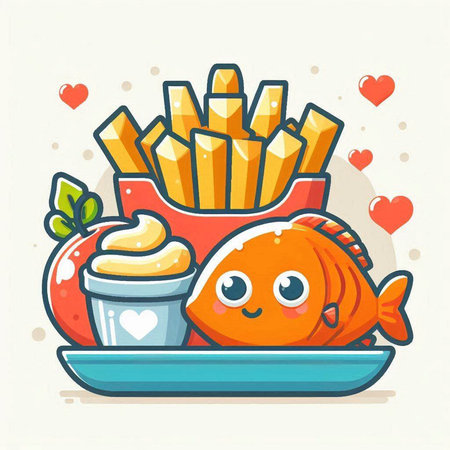 Cute cartoon fish with french fries and sauce. Vector illustration.のイラスト素材