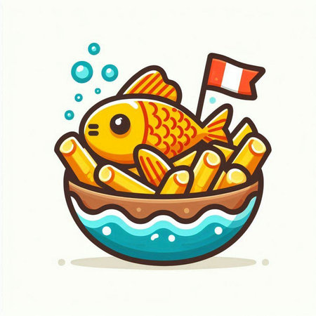 Cute cartoon goldfish in a bowl of pasta. Vector illustration.のイラスト素材