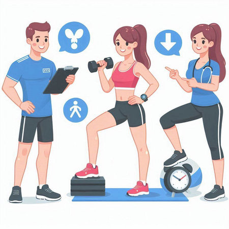 Vector illustration of a man and woman in sportswear doing exercise with dumbbells.のイラスト素材