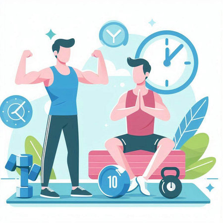 Vector illustration of a healthy lifestyle concept with man and woman doing fitness exercisesのイラスト素材