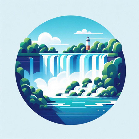 Waterfall in the forest. Vector illustration of a flat design.のイラスト素材