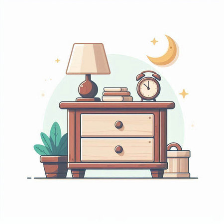 Vector illustration of night bedside table with lamp, books, potted plants and clock.のイラスト素材