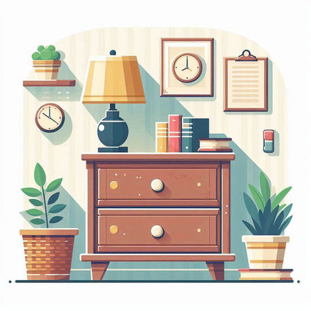 Cabinet with books, lamp and plants. Flat style vector illustration.のイラスト素材