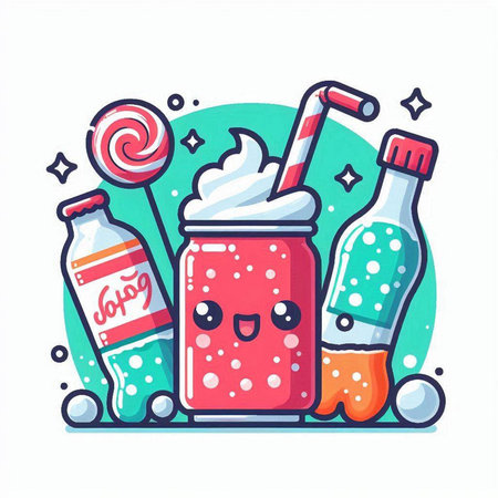 Cute kawaii smoothie with candy and milkshakes. Vector illustration.のイラスト素材