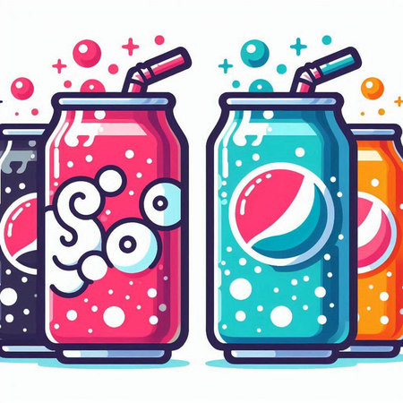 Vector illustration of two soda cans with drinking straws and water drops.のイラスト素材