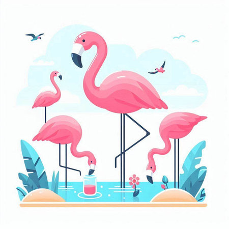 Flamingo birds in the lake. Vector illustration in flat styleのイラスト素材