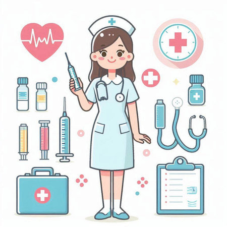 Nurse with stethoscope and medical equipment. Vector illustration.のイラスト素材