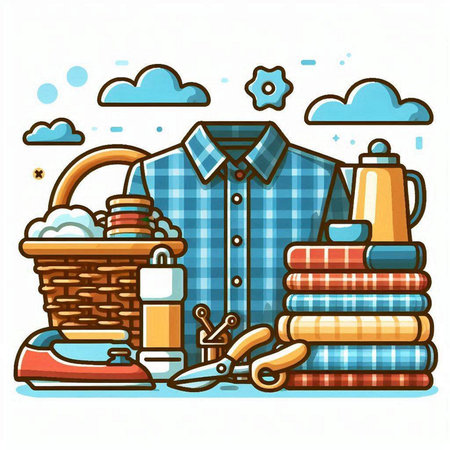 Vector illustration of a laundry basket with clothes, accessories and tools. Flat line style.のイラスト素材