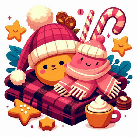 Cute vector illustration of a couple of kawaii bear and snowman in warm clothes sitting on a plaid with Christmas cookies.のイラスト素材
