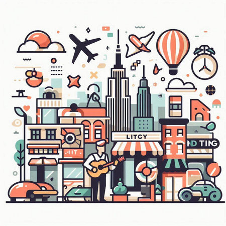Flat line art design concept of city life. Vector illustration.のイラスト素材