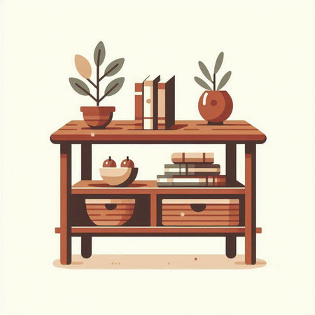 Wooden shelf with books and plants in flat style. Vector illustration.のイラスト素材
