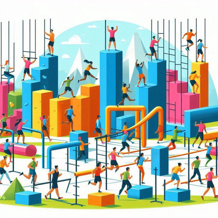 Vector illustration of people climbing up the bar chart. Business growth concept.のイラスト素材