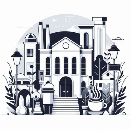 Vector illustration of a city street with houses, trees, lanterns and coffee.のイラスト素材