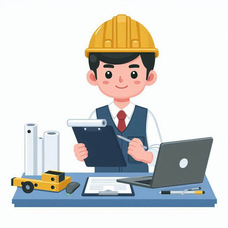 Architect or engineer working with laptop and blueprint. Vector illustration.のイラスト素材